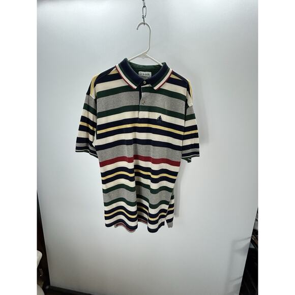 Vintage IZOD Lacoste Mens Polo Shirt Large 90s Neutral Striped Earth Tonal Logo - Picture 1 of 8